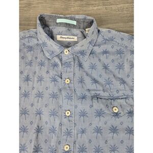 Tommy Bahama Shirt Mens Large Blue Tencel Lyocell Blend Palm Trees